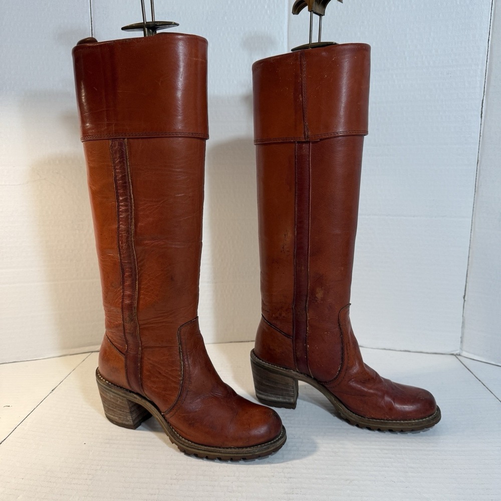 VTG Frye Campus Boots Sz 6 70s Knee High Cuff Black Label Cognac Orig Box USA - Picture 3 of 16